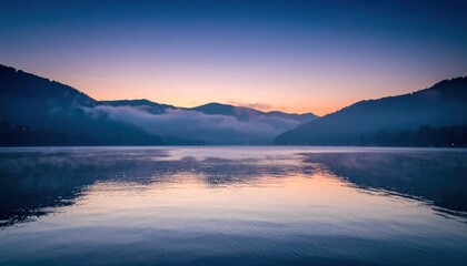 Fototapeta premium Peaceful lake landscape with mountain reflections at twilight.
