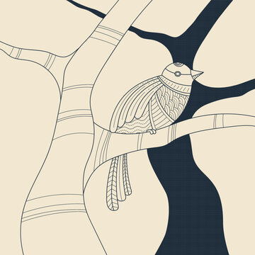 Minimal Line Art of a Bird Perch on a Tree Branch Decorated with Zentagle Modern Two-Tone Style