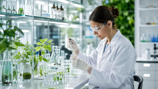 Female Scientist Studying Plants in Laboratory | Botanical Research With Test Tubes and Seedlings | Sustainable Biotechnology Plant Science