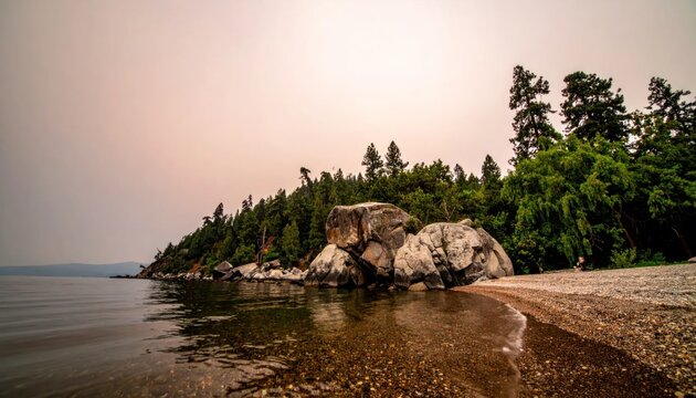Rocky lake shore with pine trees under twilight sky.