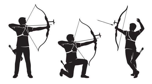 Professional Archer Silhouette Set with Recurve Bow and Arrow Standing and Kneeling for Design.