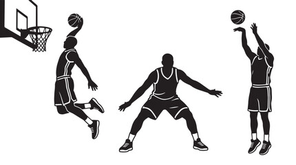 Basketball Player Silhouettes Set with Slam Dunk, Jump Shot and Defensive Stance on White © Taufik-DeGra