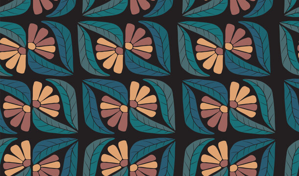 Seamless pattern of flowers and foliage on a black background.