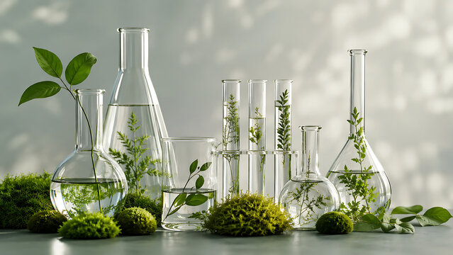 Botanical Glassware With Moss and Green Plants | Eco Science Laboratory Background | Natural Product Research and Green Chemistry