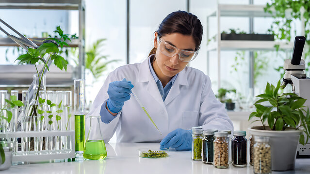 Scientist Testing Plant Extracts in Laboratory | Female Researcher Pipetting Green Liquid | Botanical Biotechnology and Sustainable Science