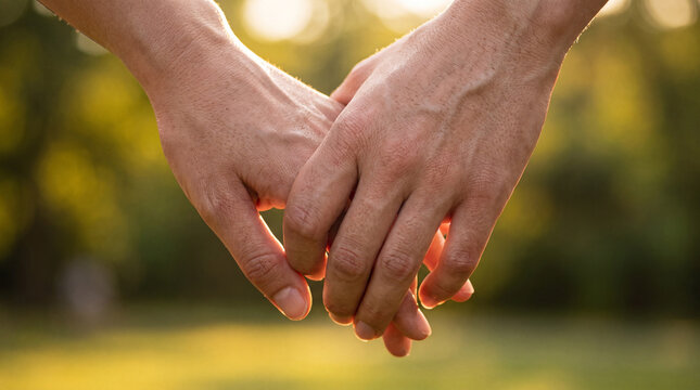 Close-up of a couple holding hands in a park during golden hour, symbolizing love, connection, intimacy, and togetherness in a peaceful outdoor setting.