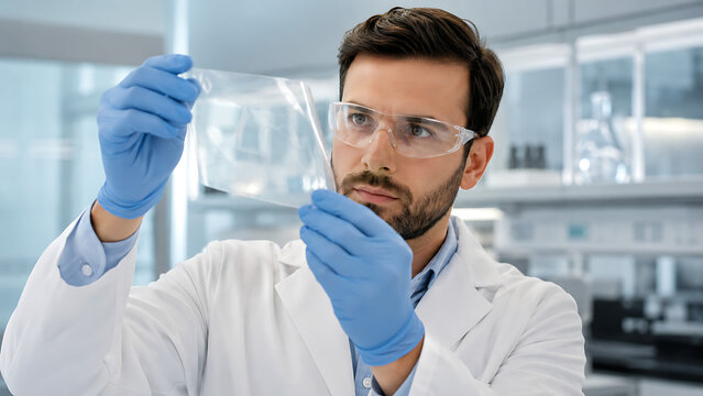 Male Scientist Inspecting Transparent Lab Sample | Researcher Holding Clear Test Material | Biotechnology Laboratory Analysis Concept