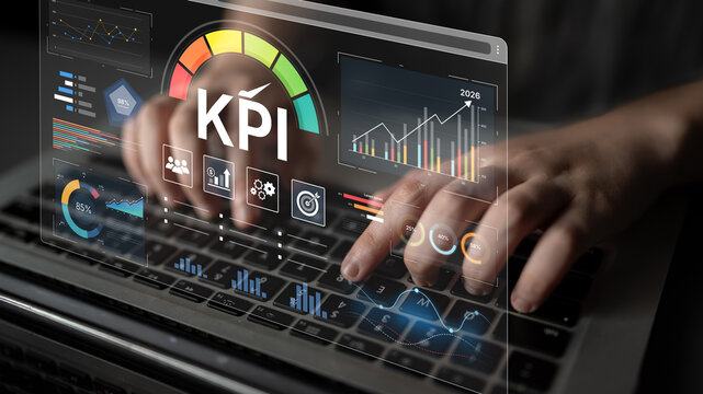 A business intelligence dashboard displaying various Key Performance Indicators (KPI). The data visualization tracks business metrics and measures performance against goals. Fermion