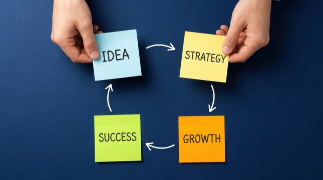 Hands holding sticky notes with words idea strategy growth success connected by arrows on blue background with notes labeled