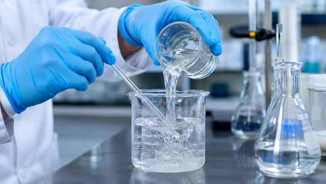 Scientist Pouring Clear Liquid Into Beaker | Laboratory Chemical Solution Preparation | Gloved Hands Performing Chemistry Experiment