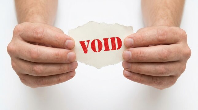 Human hands holding torn paper fragment displaying red stamp with word void against white background with stamped red ink cancelled