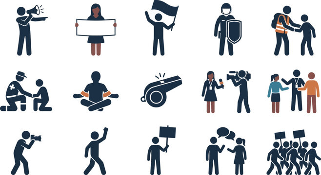 Set of stick figure icons representing social protests and civil activism.