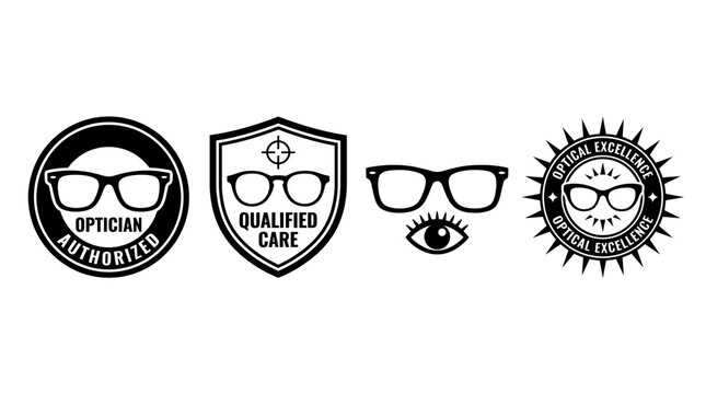 Set of vintage style optical shop logo emblems and labels.