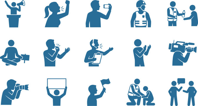 Set of blue protest and journalism flat icons.