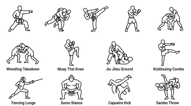 Set of Various Martial Arts and Combat Sports Icons in Outline Style.