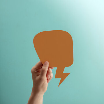 Speak speech talk expression with hands holding blank speech bubble, communication message