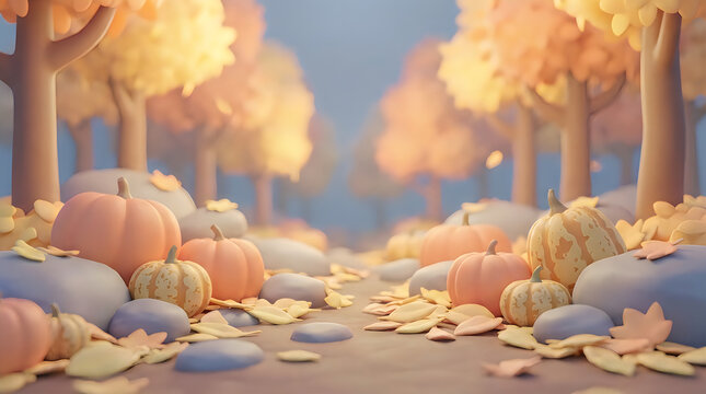Autumnal pumpkin patch scene with stylized trees and fallen leaves
