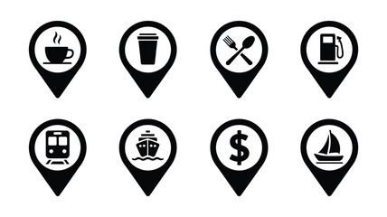Black map pointer icon collection featuring coffee restaurant gas station train ship bank and sailboat location pin vector graphic symbols © Atikul