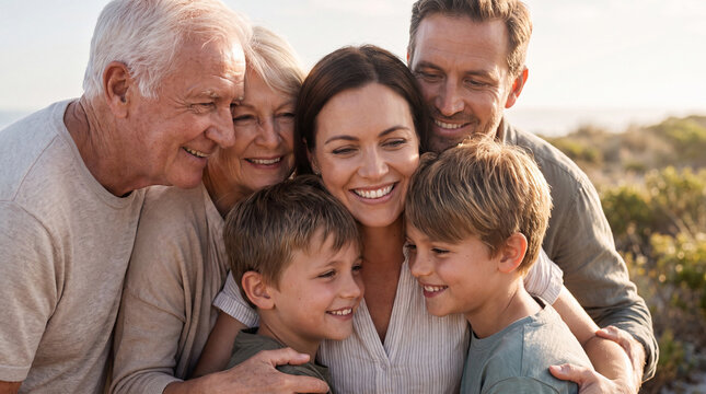 A loving multi-generational family, including grandparents, parents, and children, sharing a warm embrace and smiling together during a sunny day outdoors.