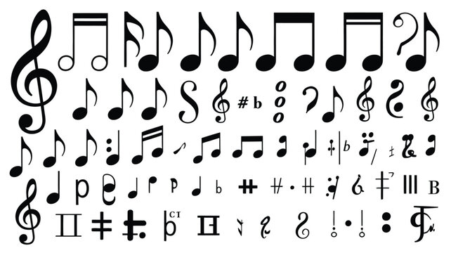 Music notes and notation symbol icon set including treble clef eighth note sharp flat rest and melody elements vector illustration