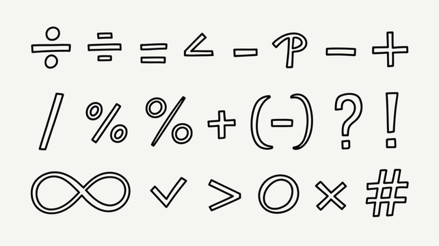 Math symbols and punctuation marks set including plus minus divide percent infinity checkmark question mark hashtag line icon vector illustration