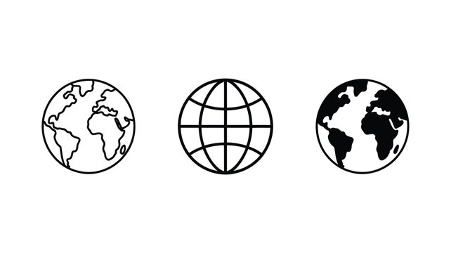 Globe earth icon set featuring outline world map grid sphere and solid filled planet vector illustration isolated on white background