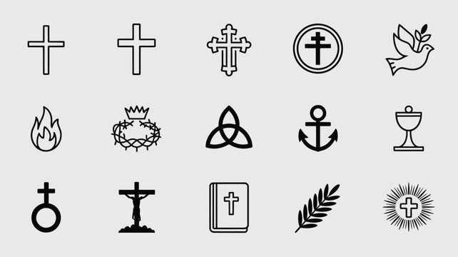 Christian religion line icon set featuring cross dove crown of thorns bible chalice anchor and flame on grey background vector