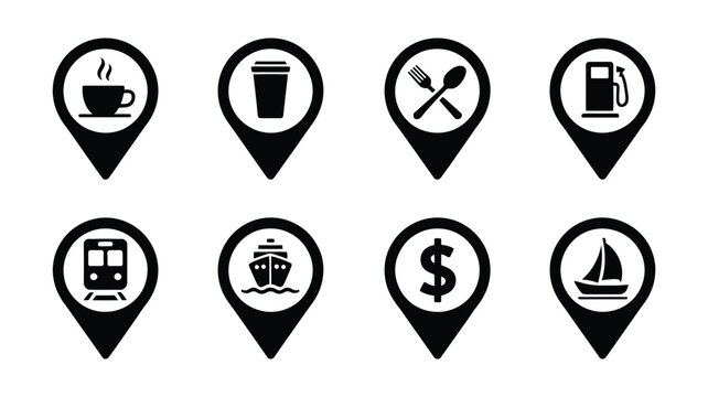 Black map pointer icon collection featuring coffee restaurant gas station train ship bank and sailboat location pin vector graphic symbols