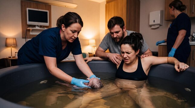 Midwife holding newborn baby during water birth in hospital maternity suite