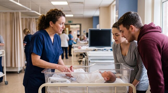 Midwife teaching new parents safe sleep positioning in a maternity ward