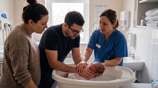 Nurse teaching new parents how to bathe their newborn baby in a maternity ward