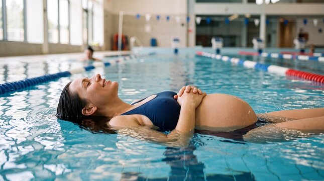 Serene pregnant woman floating on her back in an indoor swimming pool