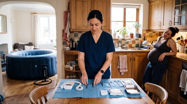 Professional midwife preparing medical instruments for home birth in kitchen.