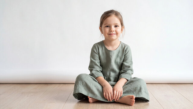 Child sitting on a wooden floor in a muted green dress looks directly into the camera with a gentle and calm expression during a minimalist indoor lifestyle photography session.