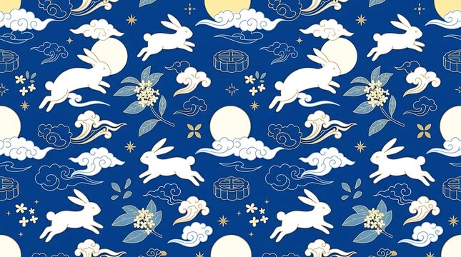 Mid-autumn festival seamless pattern with white rabbits and full moons