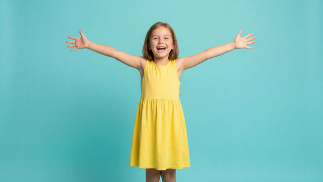 Girl wearing a yellow dress stretches her arms wide while laughing against a bright teal background in a joyful studio pose.