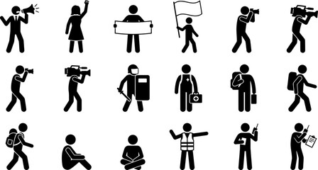 Obraz premium Set of stick figure icons representing protesters and journalists.