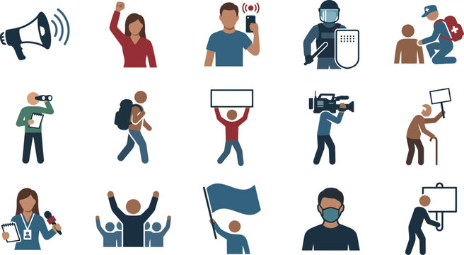 Set of protest and social demonstration icons with protesters and media.