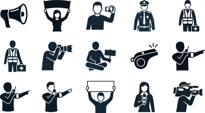 Set of black and white icons depicting various protest and public event participants.