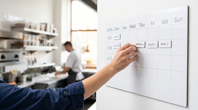 Restaurant manager organizing staff work shift schedule on whiteboard