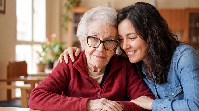 A heartwarming moment showing a young woman affectionately embracing her senior grandmother, representing family love, intergenerational connection, and elderly care.