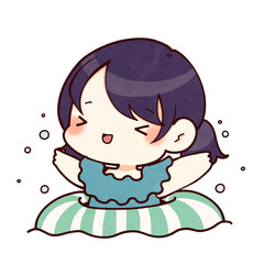 浮き輪で水遊びをする水着の女の子のイラスト © 松蔵 八文字