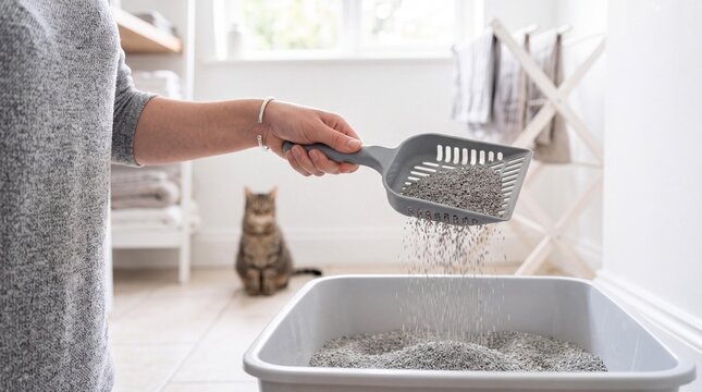Woman cleaning a grey cat litter box with a scoop in a bright utility room