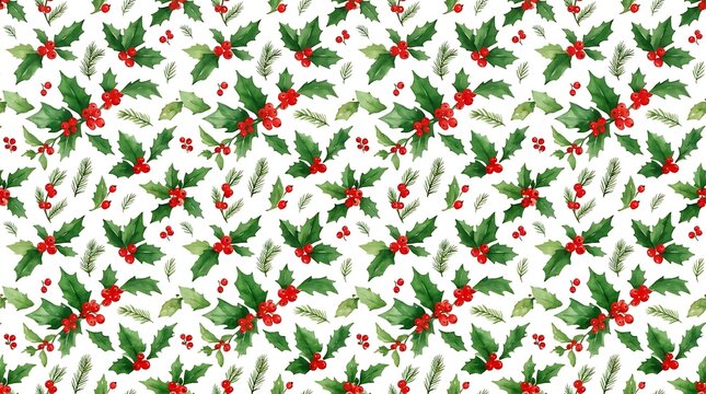 Watercolor holly leaves and red berries seamless holiday pattern