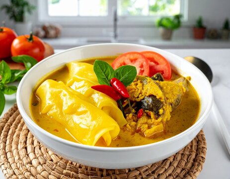 Traditional Indonesian fish curry with tofu and dried bean curd or gulai ikan campur tahu and kulit tahu served in a white bowl with fresh tomatoes