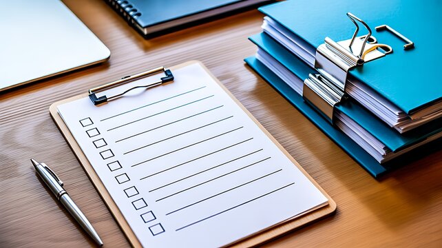 Office checklist clipboard with documents and stationery on wooden desk