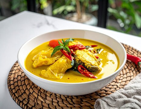Traditional Indonesian fish and tofu curry or gulai ikan campur tahu and dried bean curd in a white bowl garnished with chili and basil