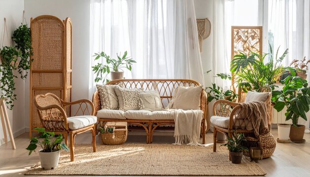 ラタン家具と観葉植物が溢れるボヘミアンスタイルのナチュラルリビング