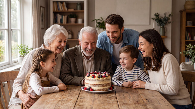 A happy three-generation family laughing together while sitting around a table with a beautiful berry birthday cake at home, celebrating a special occasion.