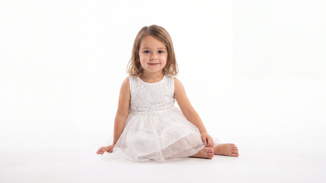 Girl sitting on the floor in a white dress looks forward with a sweet expression while resting her hands near her feet in this bright and clean studio portrait setup for professional use.